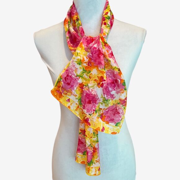 ECHO silk rectangular scarf floral print yellow pink  10x53 ins Vintage - Picture 1 of 8